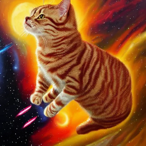 Image similar to a red tabby cat flying through space while sitting on a synthesizer, highly detailed oil painting