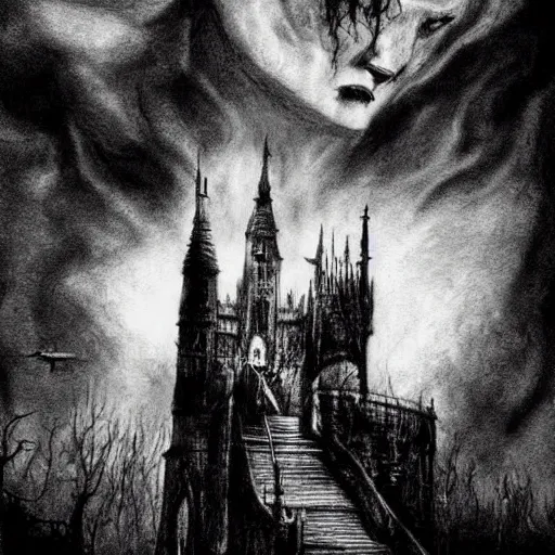 Image similar to Black and white drawing of Castlevania, Stephen Gammell style, evil, high detail, Scary Stories