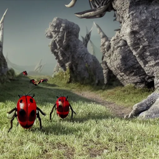 Prompt: promotional movie still, ladybugs, ladybug quadruped with big piercing eyes, ladybug hobbits, ladybug robots, space western, the fellowship of the ring ( film ), 3 d render