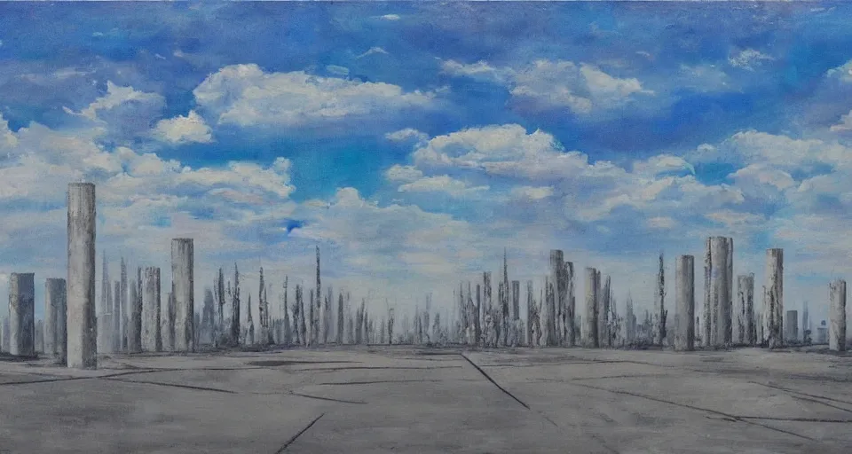 Image similar to world of only concrete, a flat endless plane of concrete covered in thin, very tall concrete pillars talk enough to go above the frame that go on to the horizon, open sky, blue sky with clouds, god rays, beautiful painting, oil on canvas, by Ewa Czarniecka, award winning masterpiece,