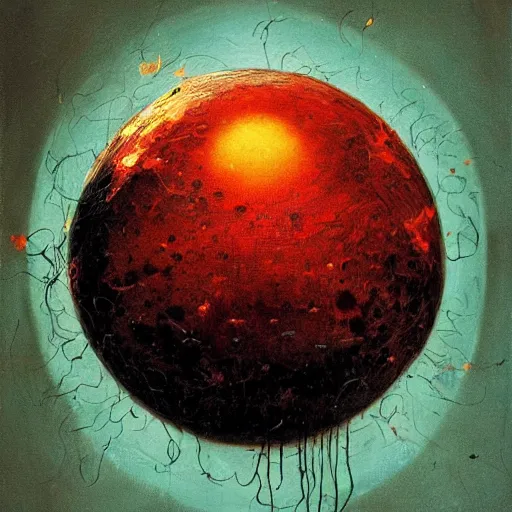 Prompt: a sphere being covered by extremely detailed splatters of abstract paint, engulfed in flames in the style of, pascal blanche, surreal, beksinski, high detailed