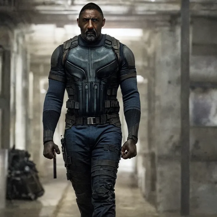 Image similar to film still of Idris Elba as Punisher in new Marvel film, photorealistic 4k