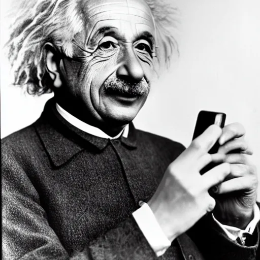 Prompt: albert einstein looks at a smartphone, smiling, coloured photograph, 8 k