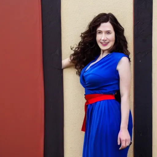 Prompt: A woman with long wavy brunette hair wearing a blue dress with a red belt