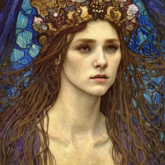 Image similar to detailed realistic beautiful young medieval queen face portrait by jean delville, alphonse mucha, vincent van gogh, and marco mazzoni, art nouveau, symbolist, visionary, gothic, pre - raphaelite