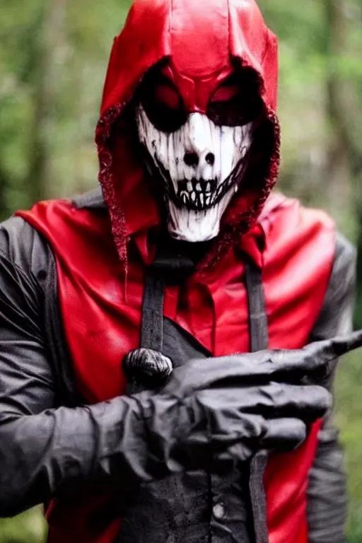 Image similar to red hood cosplay, creepy, disturbing, bloody, darkness