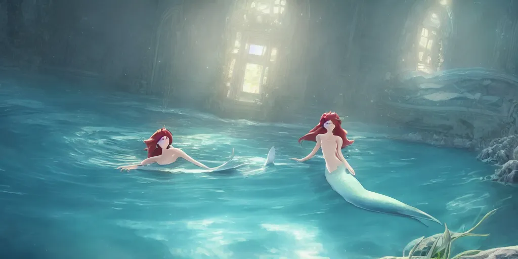 Image similar to animation key shot of a young mermaid swimming in an elegant palace bedroom sunken in the ocean, studio ghibli, pixar and disney animation, sharp, rendered in unreal engine 5, anime key art by greg rutkowski, bloom, dramatic lighting