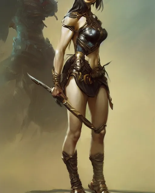 Image similar to full body portrait of a beautiful female warrior by stanley artgerm lau, wlop, rossdraws, frank frazetta, andrei riabovitchev, marc simonetti, tranding on artstation