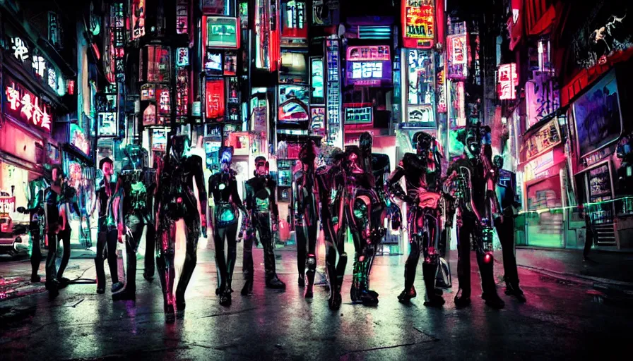 Image similar to ( ( ( sci - fi mafia ) ) ) futuristic half musician half cyborg cyberpunk neopunk horror electronic rock band photo, five people, dressed like cyberpunk horror characters, neon signs, futuristic buildings in the background, tokyo at night, photographic quality, hyper - realistic, daylight, medium format uhd style, fifth element by jean - luc goddard