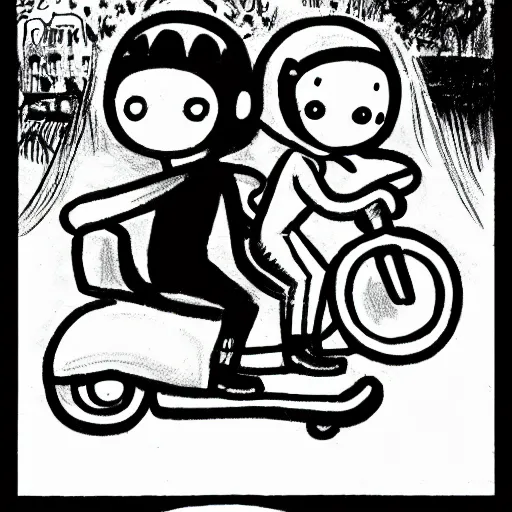 Image similar to a drawing of a man and a woman riding a scooter, a comic book panel by hiromu arakawa, featured on pixiv, tachisme, rtx, anime, art