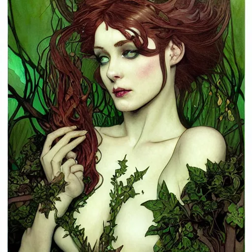 Image similar to a beautiful and detailed magic the gathering card of a seductive poison ivy as an elf druid, dark eyeliner, intricate, elegant, highly detailed, digital painting, artstation, concept art, matte, sharp focus, illustration, art by rebecca guay and by arthur rackham and by alphonse mucha and by john william waterhouse