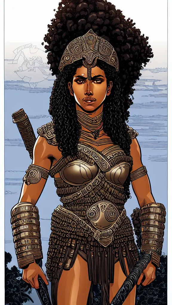 Prompt: greek amazon female warrior, a tall beautiful woman with brown skin and long curly dark hair, dressed in hellenistic body armour, intricate, elegant, highly detailed, smooth, sharp focus, detailed face, high contrast, graphic novel, art by laurie greasley