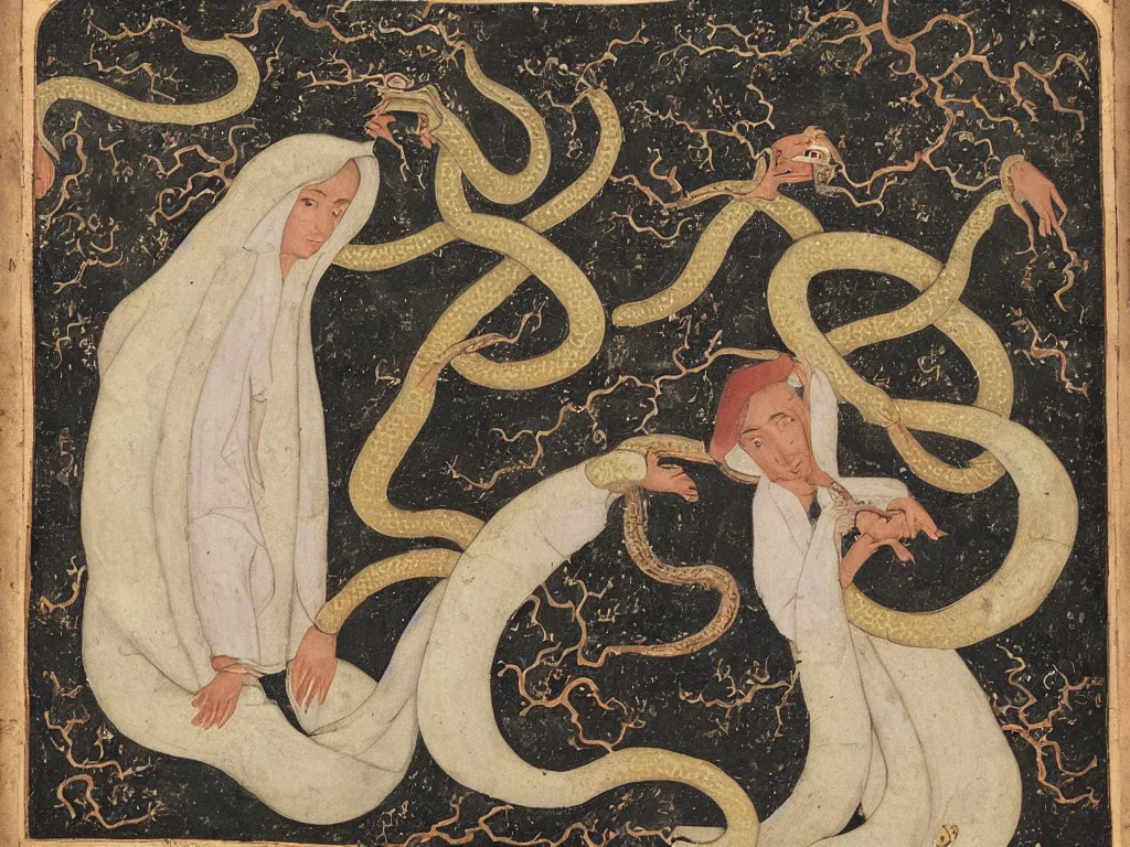 Prompt: Portrait of a young mystic dressed in white with a giant snake, thunderstorm. Clear, high contrast Mughal miniature.