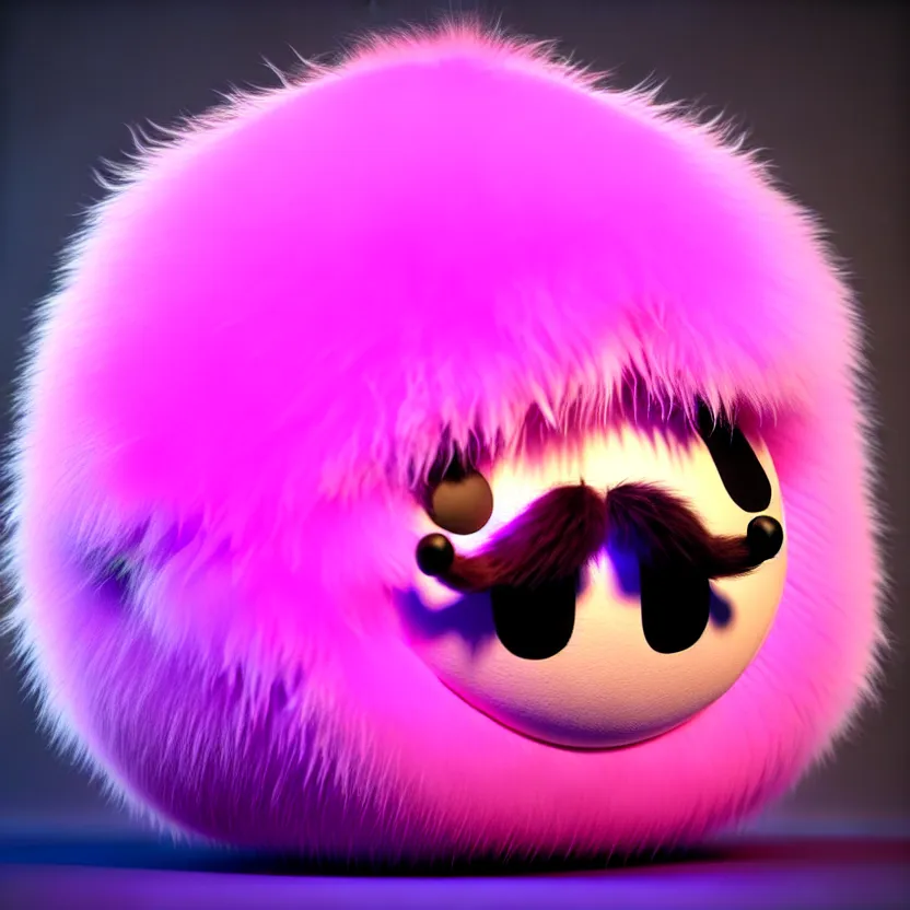 Image similar to high quality 3 d render hyperrealistic very cute big spherical creature, mustache, plush mascot, short spiky dense fluffy smooth hair, isometric 3 d, psychedelic lighting pink fluffy fur 1 cm long, 1 5 0 mm, smooth background, artstation, ultra detailed, elegant, ultra detailed, octane render