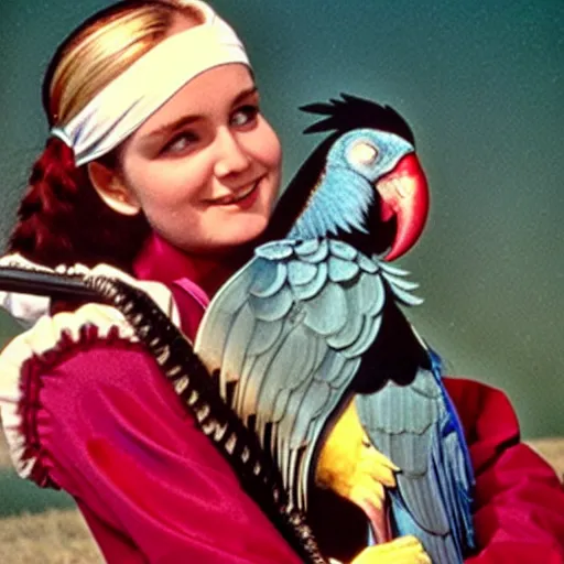 Image similar to Swashbuckling pirate holding her parrot, colorized still from the movie a trip to the moon