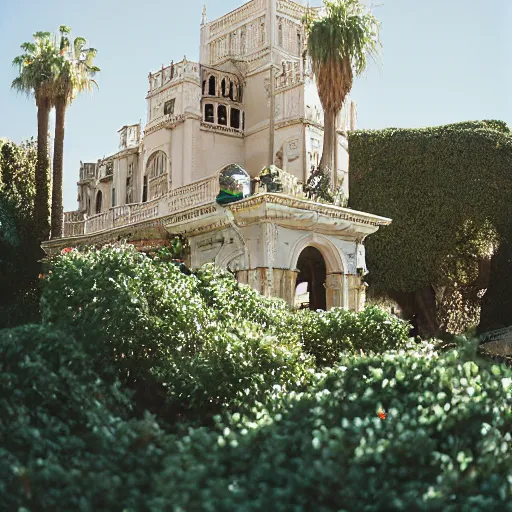 Image similar to Hearst Castle as a tiny home, able to be transported on a trailer. Photographed with Leica Summilux-M 24 mm lens, ISO 100, f/8, Portra 400