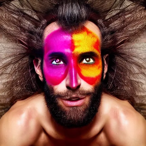 Prompt: three eyed humans, third eye middle of forehead, wide wide shot, very hairy bodies, vivid colors, forehead eye, beautiful lighting