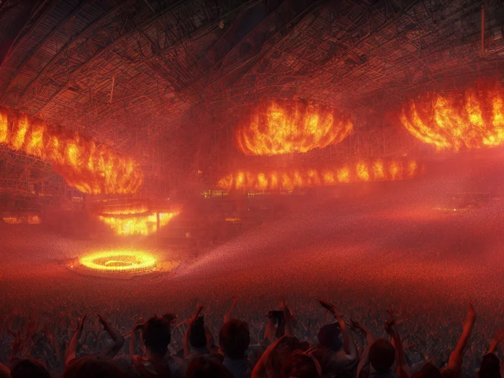 Image similar to a large concert stadium in hell, brightly lit stage centered and on fire, high contrast, stage lighting, pyrotechnics, ghibli animated film, volumetric lighting, octane render by stanley artgerm lau, greg rutkowski, thomas kindkade, alphonse mucha, loish, norman rockwel,