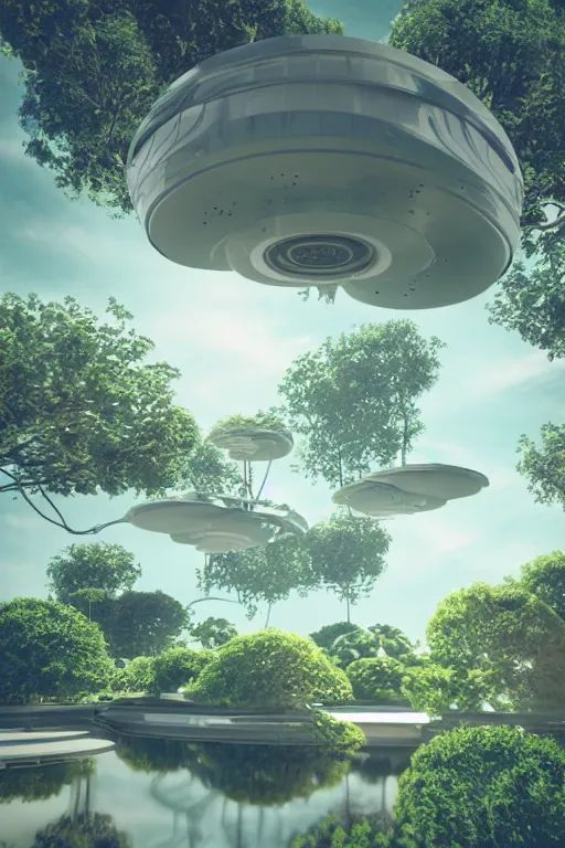 Image similar to multi level botanical garden spaceship floating in space, calm, tranquil, faded effect, detailed, vaporwave colors, render by substance designer