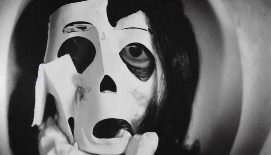 Prompt: 70s movie still close-up portrait of a white female japanese phantom with a taxidermic mask and flesh dress in a liminal space style tunnel, early black and white 8mm, heavy grain, low quality,
