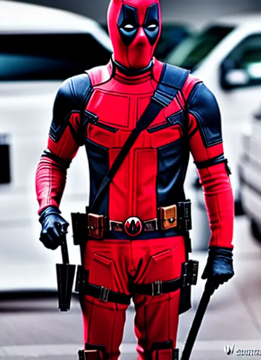 Image similar to actor mario casas con el traje deadpool photo 4k high details