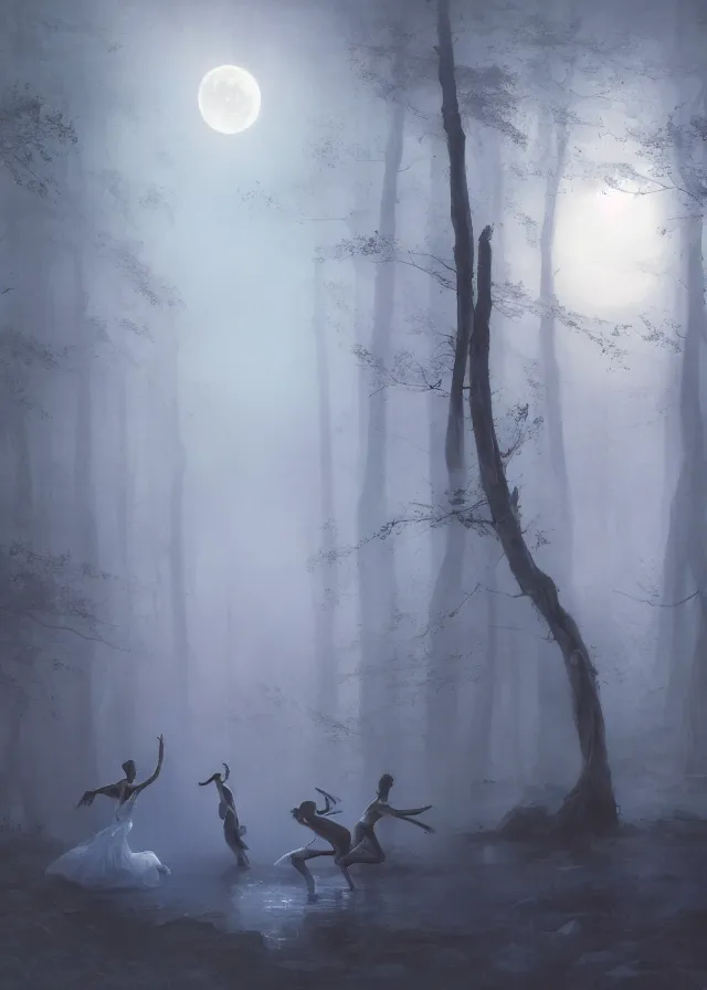 Image similar to dancers in white lit only by the moon, contemporary dance in the forbidden forest, the twilight dance of the fae by aleksi briclot, greg rutkowski and ivan aivazovsky, contemporary dance, volumetric, raining, atmospheric, artstation, fantasy, watercolor surrealist abstract