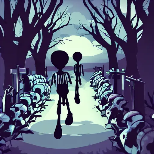 Prompt: skeletal human walking in a graveyard, cutesy artstyle