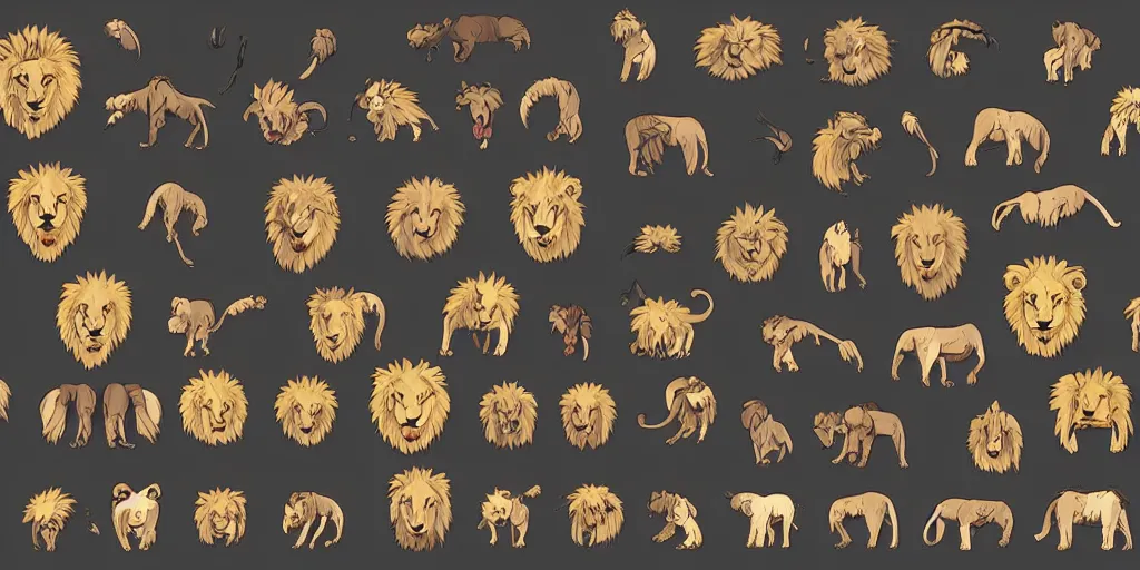 Prompt: game asset of unique lion heads on black background, organic, studio ghibli color palette, studio ghibli black inking, toon shading, 5 colors, solid colors, flat 2 d design, 2 d sprites, 8 k, close up