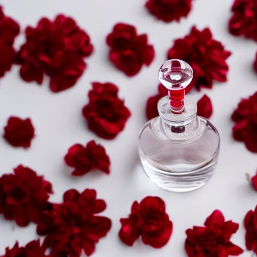 Image similar to perfume bottle sitting on a white surface surrounded by a plethora of red and white flowers, bright white realistic, up close shot, white background, zen, light, modern minimalist f 2 0