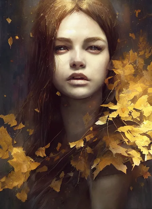 Image similar to golden leaves at frame border, creative composition for a book cover, moon, beautiful portrait painting by jeremy mann, a female witch absurdly beautiful, ultrafine hyperrealistic detailed face by wlop and artgerm and greg rutkowski, intricate linework, sharp focus, smooth, octopath traveler, final fantasy, unreal engine, dramatic lighting, ethereal, 8 k