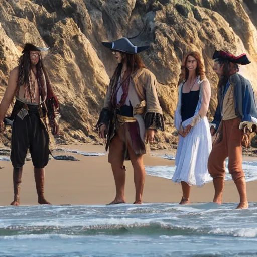 Prompt: pirates of the Caribbean desperately looking for gold and gems treasure on Riverdean Beach movie frame.