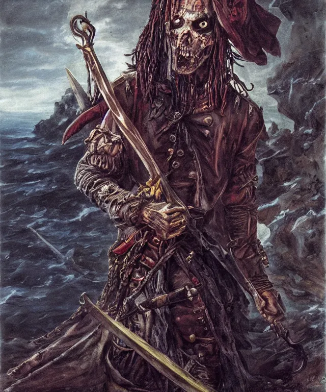 Image similar to ultra realistic color portrait painting of an undead 1 7 th century pirate with a sword in a grotto, dark, painted, brooding, atmospheric, seascape, horror, smooth, epic, highly detailed, cinematic, by clyde caldwell