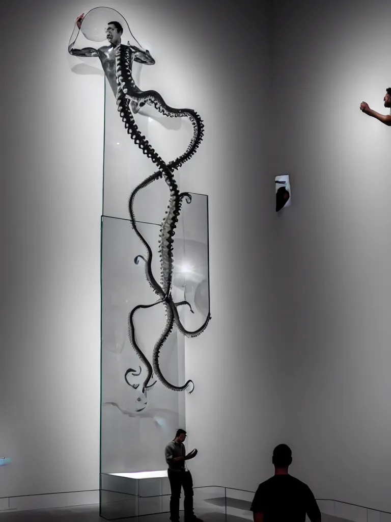 Prompt: a perfect photograph of a museum exhibit, a glass human shaped belljar enclosing a man who is a rectilinear representation of the impending cephalopod ascension and liberation of the human spirit from the physical terrestrial realm. perfect focus and studio lighting, gallery quality