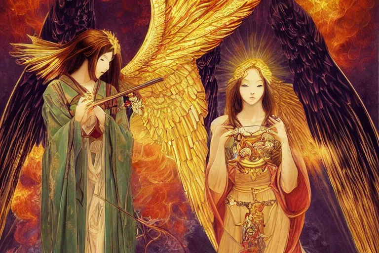 Image similar to glorious beautiful painting of Japanese female angel with flaming sword and golden wings, heavenly background and heavenly light, feminine figure, by James Jean, Neo-Gothic, gothic, Art Nouveau, rich deep moody colors