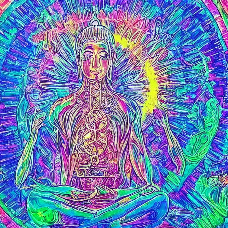 Prompt: human meditating supreme peace immense knowledge infinite color dmt art smooth refined