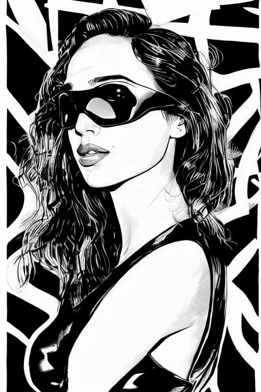 Prompt: portrait of gal gadot wearing black sunglasses, stunning dress, style of guido crepax