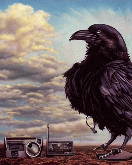 Prompt: a raven skull observing 8 0 s era technology, vintage shapes, retro technology, vintage color, wayne barlow, oil on canvas, deep depth of field, masterpiece, cinematic composition, hyperdetailed