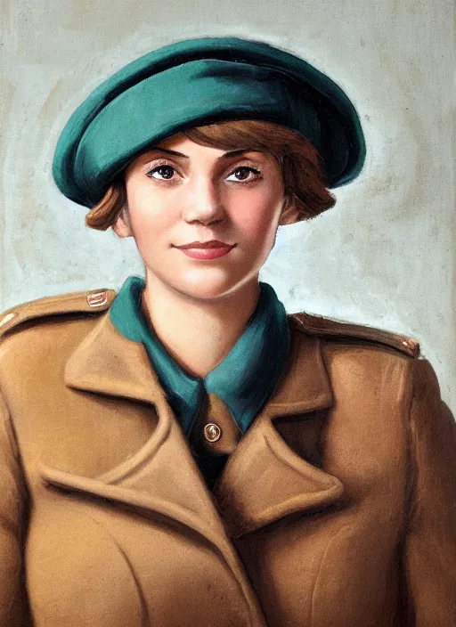 Image similar to portrait bust of young woman with light brown hair and hazel eyes dressed in a sharp dark teal military uniform with beret, saluting, smiling at camera, ilya kuvshinov