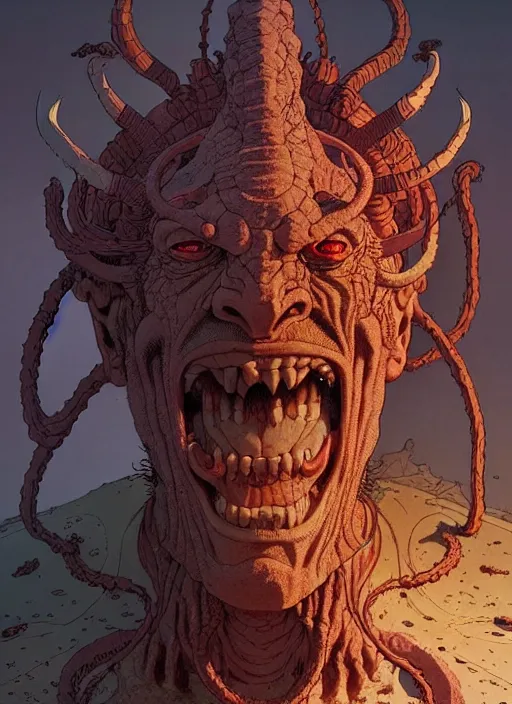 Image similar to masterpiece concept art, levitrial the ancient demon god, by geoff darrow and greg rutkowski and greg darrow, 8 k, intricate detail, cinematic lighting