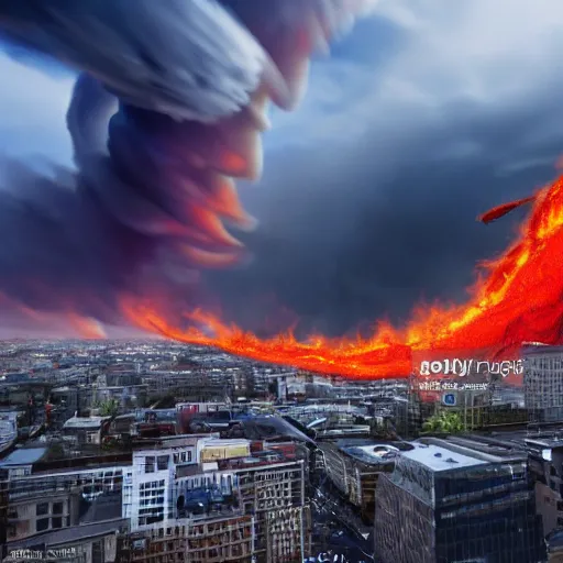 Prompt: photo of a giant fire tornado monster downtown, highly detailed, gettyimages, cinematic lighting, 4 k hd photo, trending on artstation, hyper realistic rendering photography, ultra wide angle, long shot, 8 k