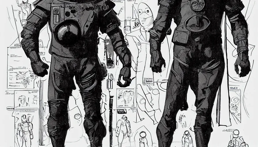 Image similar to male, heroic figure, space suit, science fiction, sketch, character sheet, very stylized, upa style, digital art, illustration, pen and ink, by mike mignola, by alex maleev