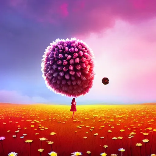 Image similar to giant daisy flower as head, full body girl walking in a flower field, surreal photography, sunrise, dramatic light, impressionist painting, colorful clouds, digital painting, artstation, simon stalenhag