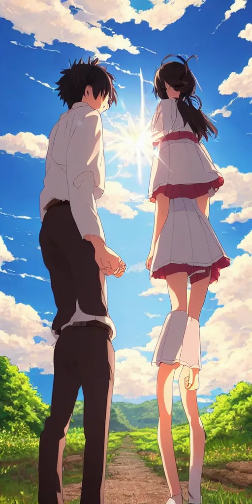 Image similar to a man and a woman holding hands under a beautiful sun drawn like the anime Your Name anime, intricate