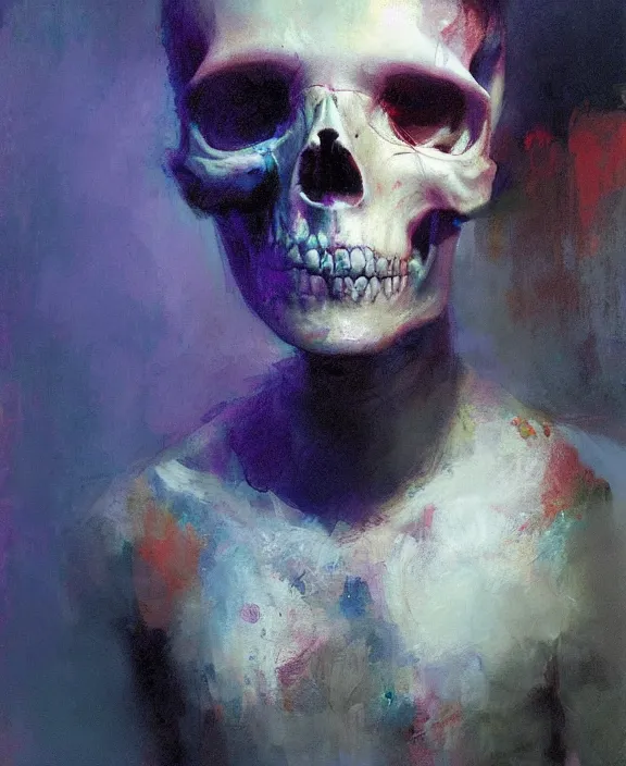 Image similar to a boy wearing a skull by jeremy mann, ultraviolet colors