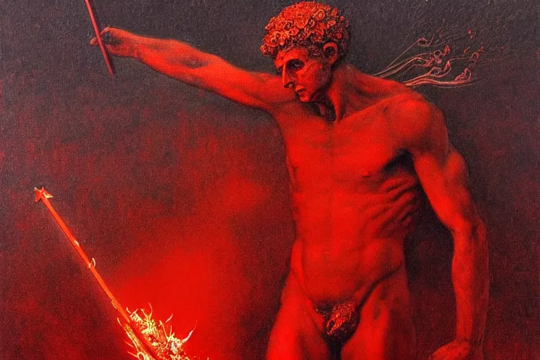 Image similar to only with red, a red melted apollo with a laurel wreath and a flaming sword announce the win, athens in the background, in the style of beksinski, part by hopper, part by rodcenko, part by hofbauer, intricate composition, red by caravaggio, insanely quality, highly detailed, masterpiece, red light, artstation