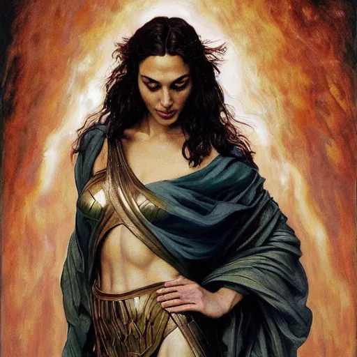 Image similar to Oil painting of the beautiful woman Gal Gadot, she is wearing some withe ancient greek cloths and a surreal ornate, her hair is natural disheveled, naturalism, dramatic lighting, high-detailed oil painting by Ilya Repin, Michelangelo da Caravaggio, William Blake, Alex Grey and Beksinski, trending on Artsatio, masterpiece, 4k, 8k,