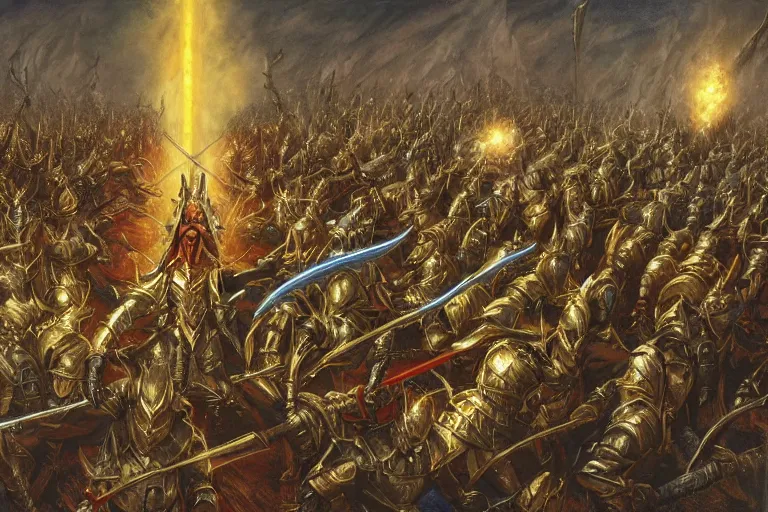 Prompt: high elf hero in gold armor with glorious sword facing hordes of orcs in an epic battle by John Howe
