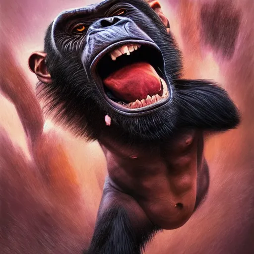 Image similar to Strong Angry Chimpanzee Screaming, Boris Vallejo, Epic, 8k resolution, ArtStation, Hyperrealistic