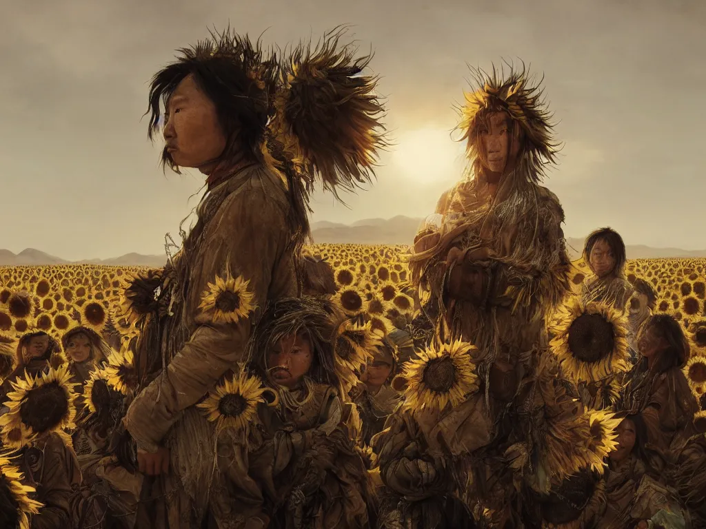 Prompt: a portrait of the mighty sunflower people, a nomadic mongolian tribe that follows the sun in a vast barren valley where helianthus grow tall and abundantly, by Greg Rutkowski, Sung Choi, Mitchell Mohrhauser, Maciej Kuciara, Johnson Ting, Maxim Verehin, Peter Konig, Bloodborne, macro lens, 35mm, 8k photorealistic, cinematic lighting, HD, high details, atmospheric