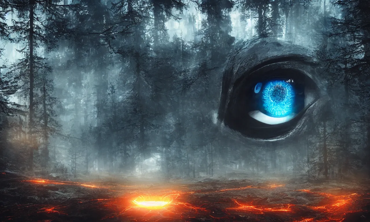 Prompt: Glowing Mordor Eye at Finnish forest lake, futuristic, cyberpunk, highly detailed, photorealistic, sharp focus, cinematic composition, cinematic lighting, detailed